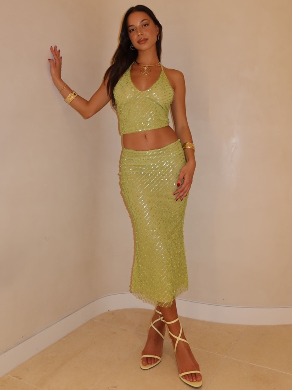 Meshki Lime Green Sequin Midi Dress Size S/M Halter Neck & Skirt Set - Picture 2 of 16